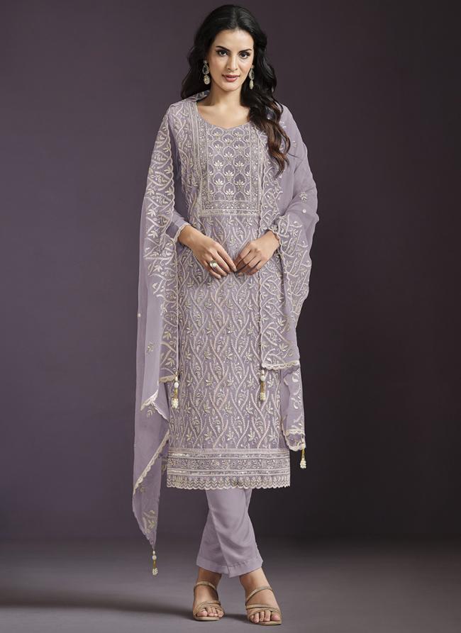 Chinnon Silk Lilac Ceremonial Wear Embroidery Work Dress Material